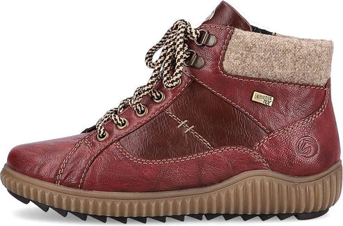 Red and brown ankle boot with laces and a felt collar.