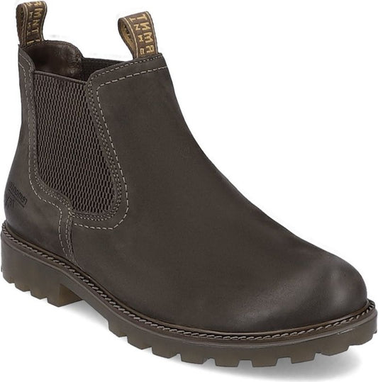 Dark brown leather ankle boot with elastic side panels and beige stitching.