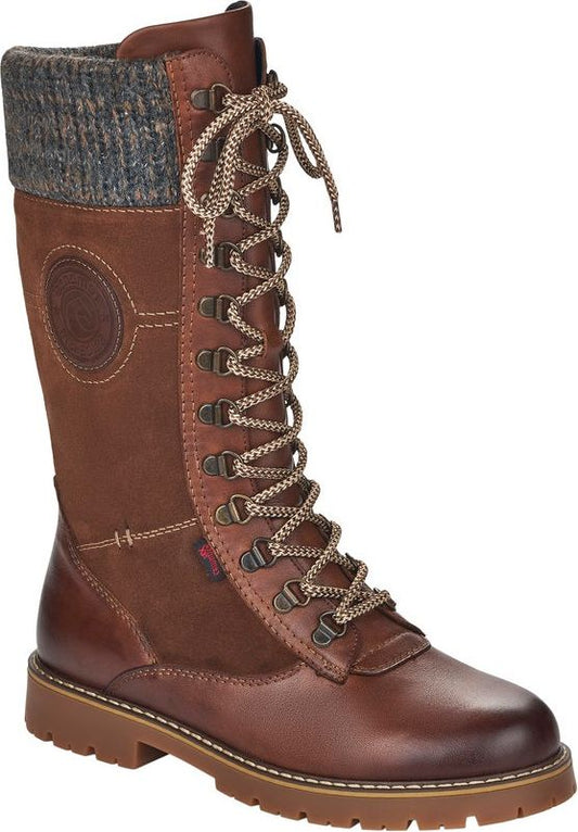 Knee-high brown leather lace-up boot with a knitted wool sock liner.