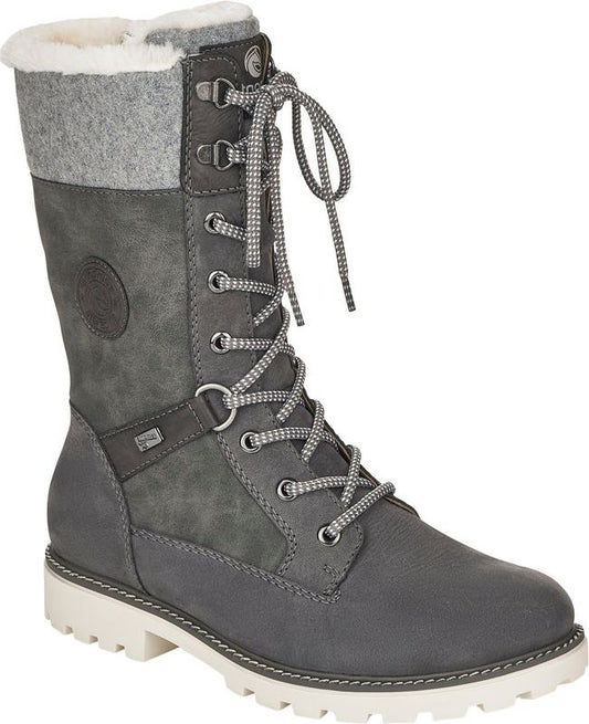 Gray, mid-calf lace-up boot with white sole and faux fur lining.