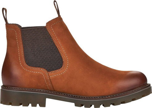 Brown leather Chelsea boot with elastic side panels and pull tabs.