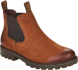 Brown ankle boot with elastic side panel and lug sole.