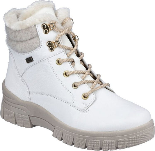 White ankle-high lace-up boot with lug sole and faux fur lining.