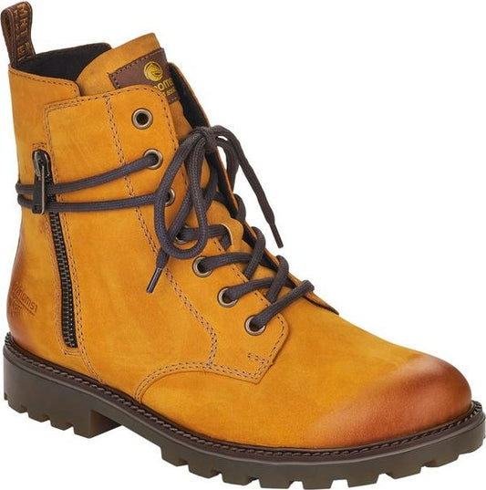 Yellow nubuck ankle boot with laces and side zipper.