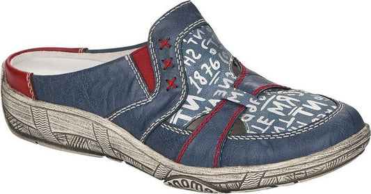 Blue slip-on shoe with red trim and white printed text.