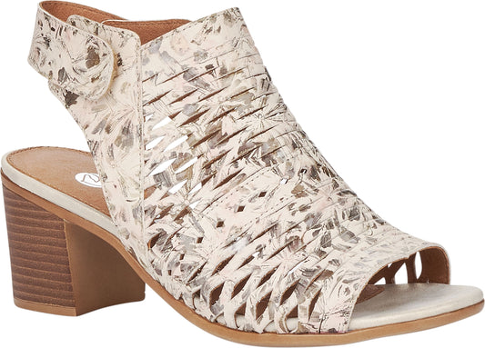 Open toe heeled sandal with floral print and cutouts, and a velcro strap.