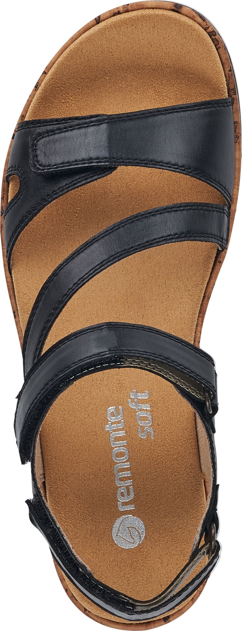 A black sandal with an adjustable strap and a light brown footbed featuring the word 'remonte' and 'soft' printed on it.