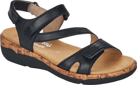 Black sandal with cork wedge heel and adjustable velcro straps.