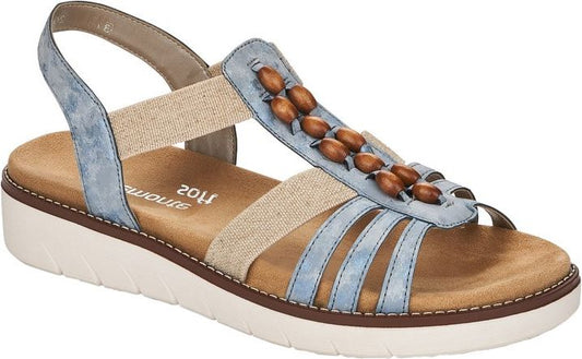Light blue sandal with elastic band, multiple straps and brown beads.