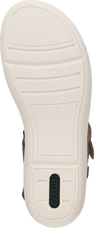 The sole of a shoe is cream-colored with horizontal line patterns in three different sections and a black Remonte label.