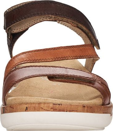 Back view of an open-toed sandal with brown leather straps secured by velcro, a tan footbed, and a chunky white sole.
