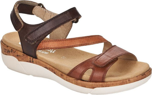 Brown leather sandal with three straps and white sole.