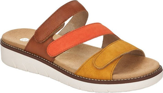 Sandals with three straps in brown, orange and yellow. White sole and inner brown liner.