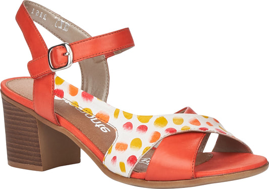 Orange heeled sandal with polka dots.
