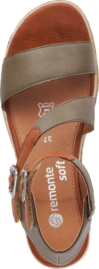 A top-down view of a sandal with an open toe, a wide band across the toe and another strap across the ankle.