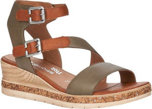 Wedge sandal with two adjustable ankle straps, a low-profile platform, and brown and green color-block styling.
