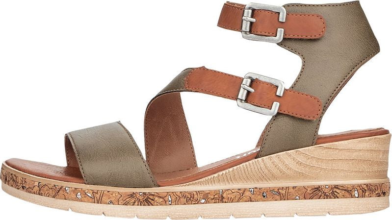 Wedge sandal with gray and tan straps and silver buckles.