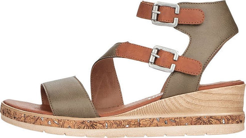 Wedge sandal with gray and tan straps and silver buckles.