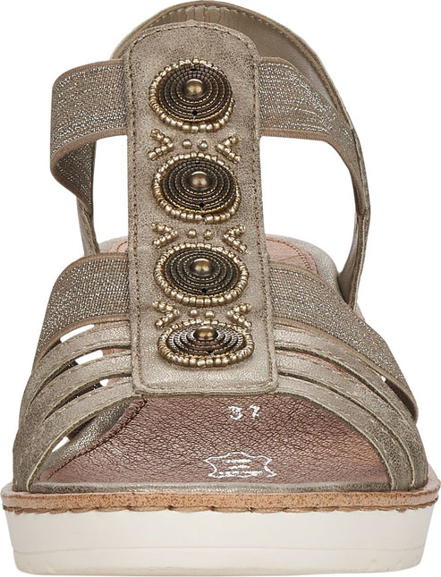 Front-view of a gold sandal with beaded T-strap.