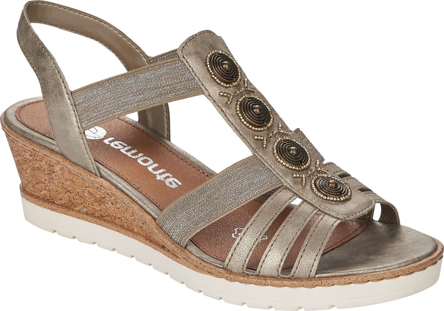 Wedge heel sandal with a tan cork heel and white sole; the golden upper has elastic straps and decorative bead accents.