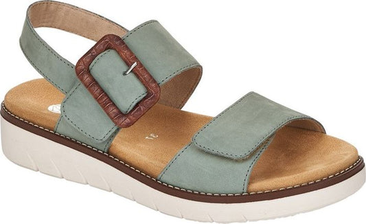Teal sandal with platform sole and brown buckle.