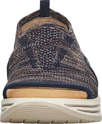 Slip-on shoe with brown, navy, and tan woven knit upper and beige sole.