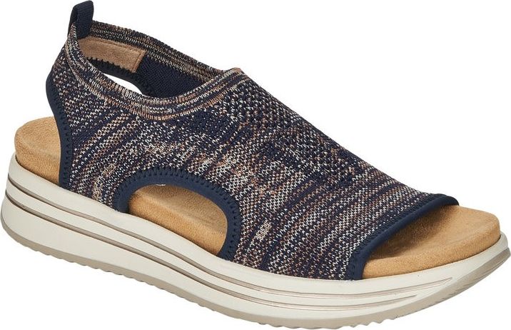 Open-toed sandal with a low, layered platform sole and a brown, beige, and navy striped knitted upper.