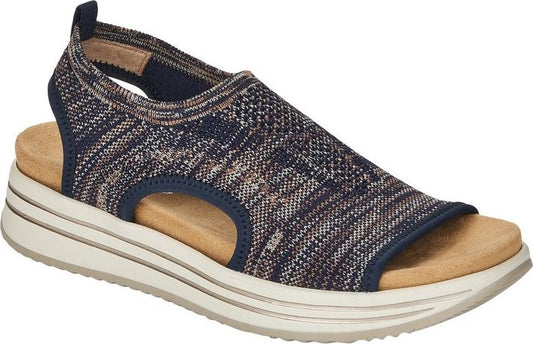 Open-toed sandal with a low, layered platform sole and a brown, beige, and navy striped knitted upper.