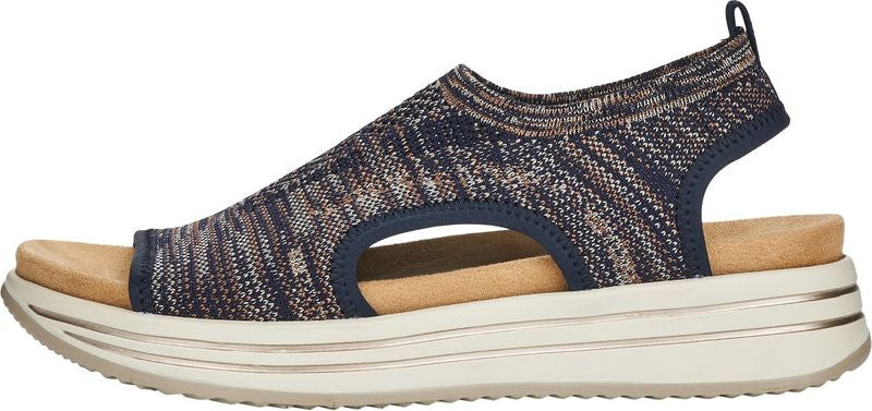 Sandals with a navy and tan knit upper, an open toe, and a thick layered sole.
