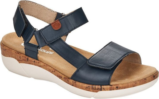 Dark blue sandal with hook-and-loop straps and cork footbed.