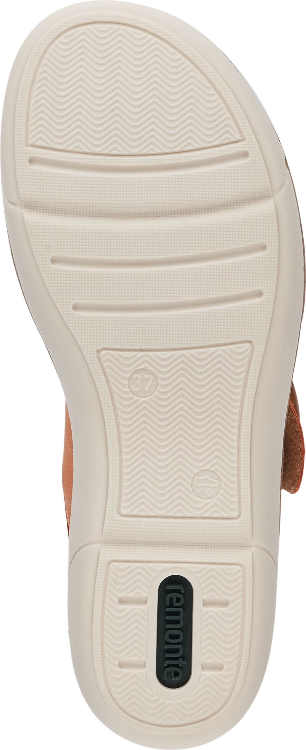 A shoe sole with horizontal and wavy treads and a "remonte" logo at the bottom.