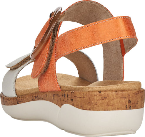 Orange and white platform sandal with adjustable buckle closure and cork midsole.