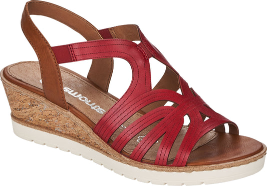 Red wedge sandal with cutouts and tan slingback strap.