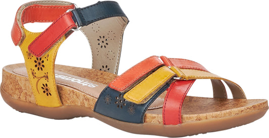 Multi-strap sandal with leather straps in red, yellow, and blue colors, with floral cutouts.