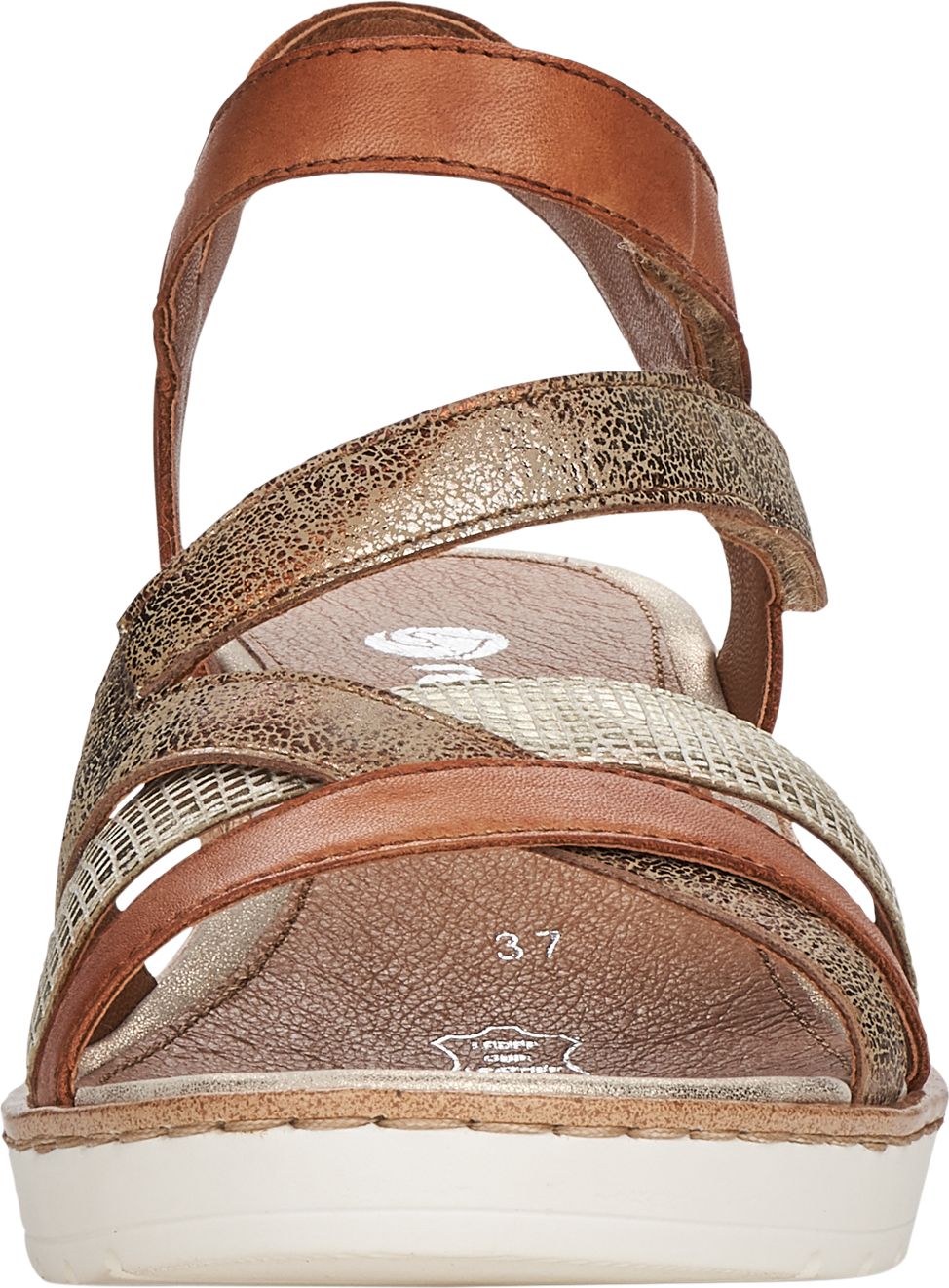 Front view of a brown and gold sandal with a white sole and several crossing straps.
