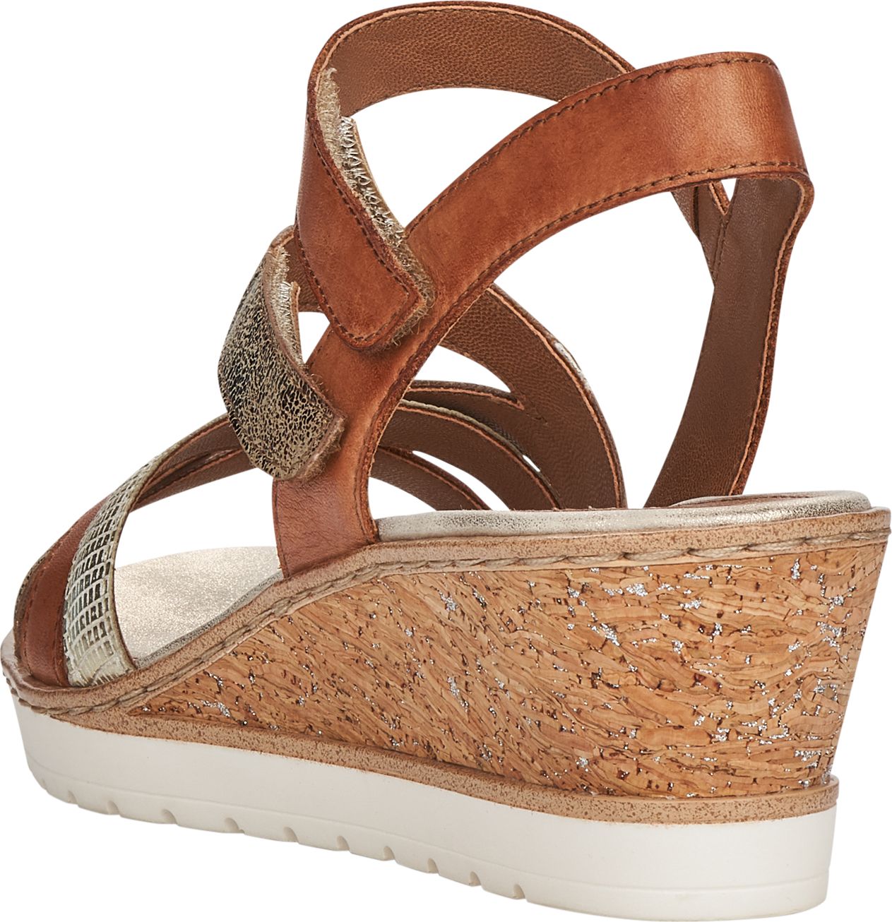 Angled view of a brown sandal with gold accents and a cork wedge heel.