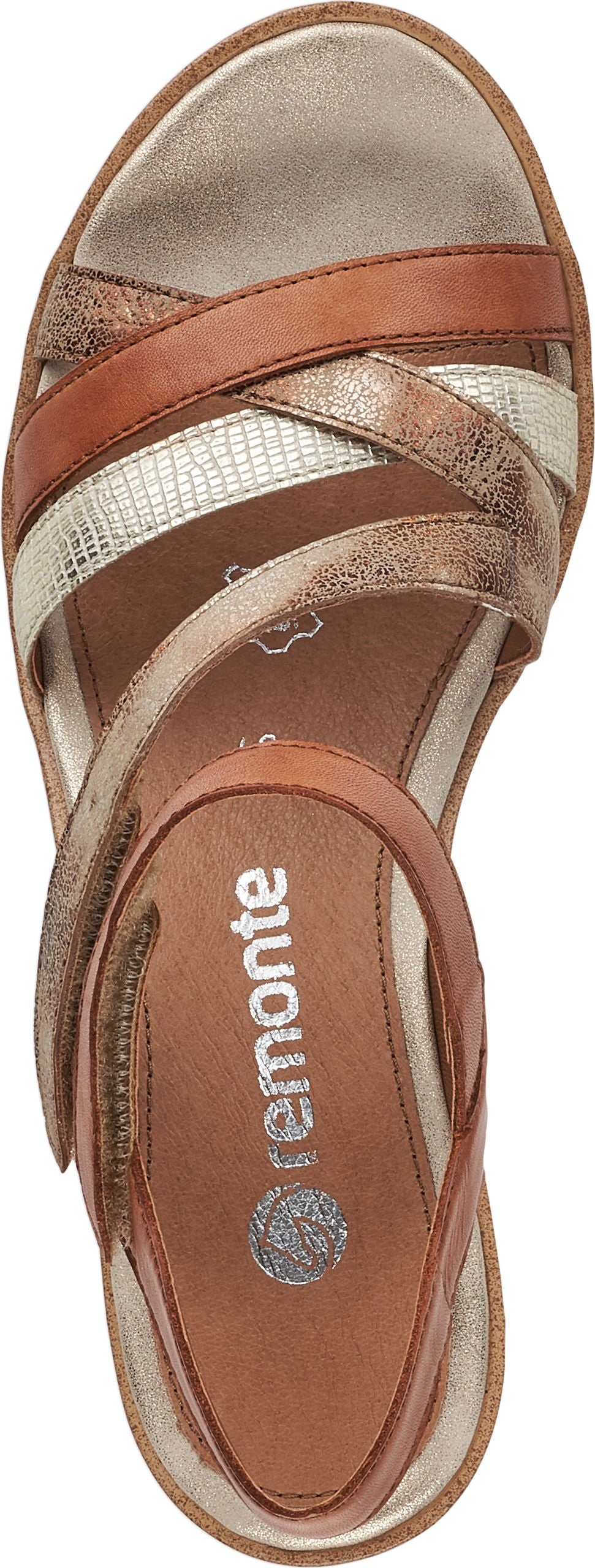 A sandal with multiple straps in brown, gold, and silver.