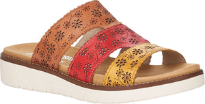 Slide sandal with three flower-patterned straps in brown, red, and yellow on a white sole.