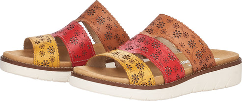 A pair of colorful, perforated leather sandals with platform soles.