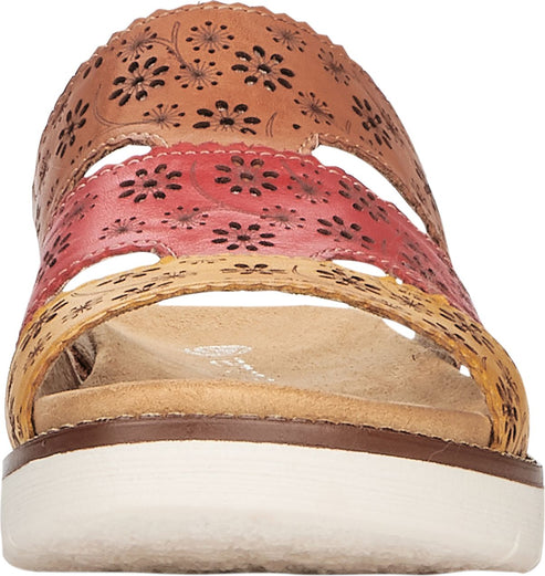 Front view of a leather sandal with three floral laser cut straps in yellow, red and brown on a white platform sole.