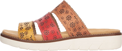 A sandal with yellow, red, and peach straps decorated with flower cutouts and a white platform sole.