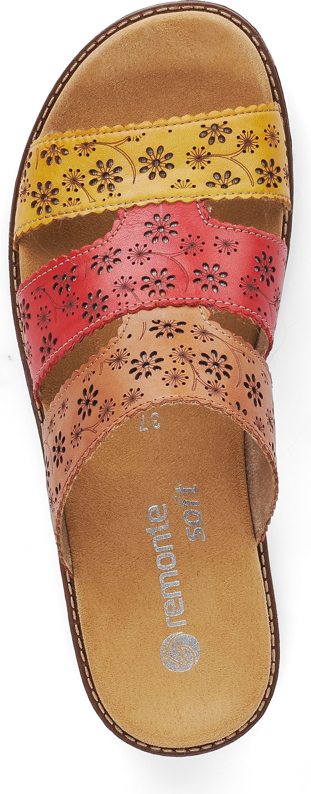 A colorful sandal with yellow, red, and brown straps featuring a floral cutout pattern.