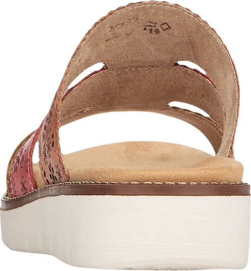 Rear view of red and pink snake skin pattern platform sandals with a thick white sole and three horizontal straps.