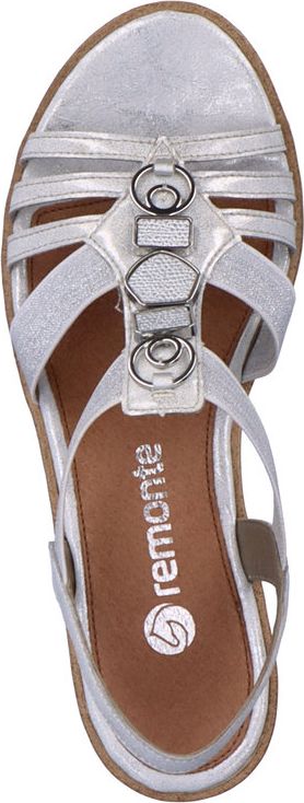 Silver sandal with multiple straps and decorative metal embellishments.