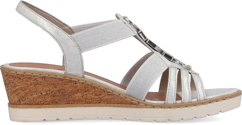 Silver sandal with cork wedge heel and multi-strap design.