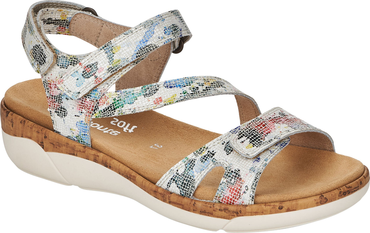 Sandals with floral pattern, velcro straps, and a cork footbed.