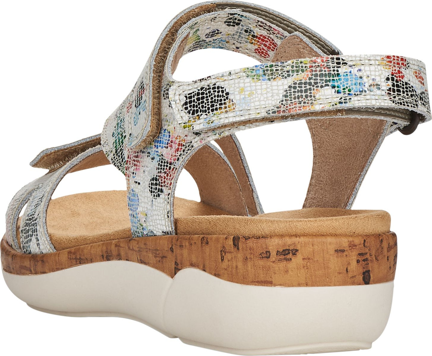 Rear view of a sandal with patterned, white and multicolored straps, cork midsole, and white outsole.