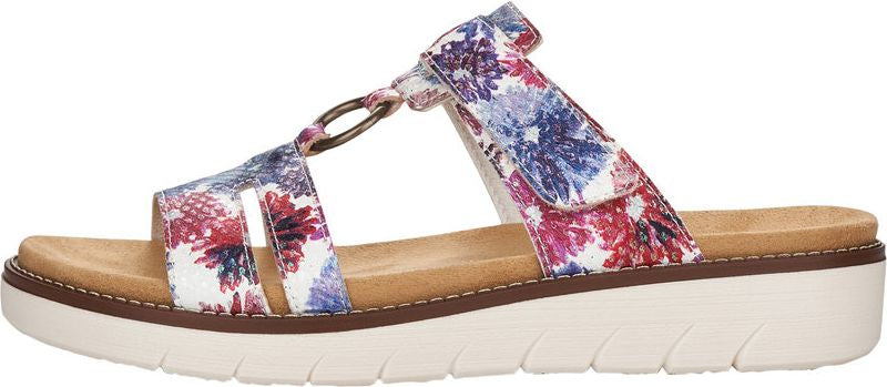 Floral patterned sandal with an adjustable strap.