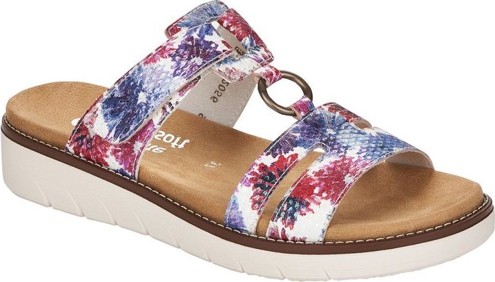 Wedge sandals with floral print, adjustable velcro strap, and decorative ring.