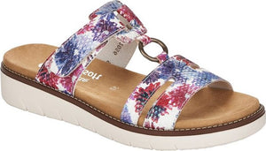 Wedge sandals with floral print, adjustable velcro strap, and decorative ring.